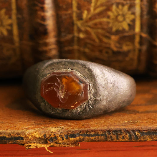 Roman Bronze Ring with Garnet Intaglio of an Ostrich
